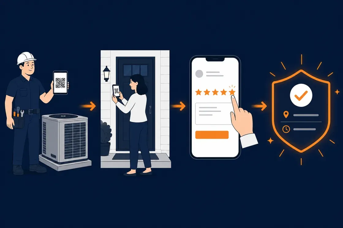 TradeRated verified review flow: technician presents QR code, customer scans and reviews on-site, review is GPS-verified and published